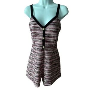 Zara Sleeveless Tweed V-Neck Romper with Black Velvet Straps Pink Purple Small